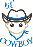 "Lil' Cowboy" Mascot Applique embroidery Design, snugglepuppyapplique.com