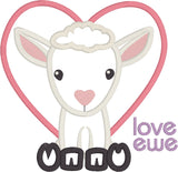 Love Ewe, lamb valentine applique embroidery design, snugglepuppyapplique.com
