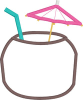 Coconut drink with umbrella applique embroidery design, snugglepuppyapplique.com