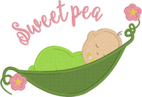 Sweet Pea applique embroidery design, sleeping baby in a pea pod.  snugglepuppyapplique.com