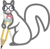 An applique of a squirrel holding a pencil and wearing glasses by snugglepuppyapplique.com