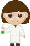 Scientist applique embroidery design, girl scientist holding a flask, snugglepuppyapplique.com