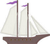 Sailing ship applique embroidery design, snugglepuppyapplique.com