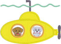 Submarine applique embroidery design, with two puppy looking out portholes, snugglepuppyapplique.com