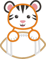 Tiger Mascot with a football applique embroidery design, snugglepuppyapplique.com