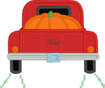 Pumpkin pickup applique embroidery design, large pumpkin in the bed of a vintage pickup truck, snugglepuppyapplique.com