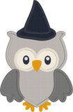 Owl with witch's hat appliqué embroidery design, snugglepuppyapplique.com